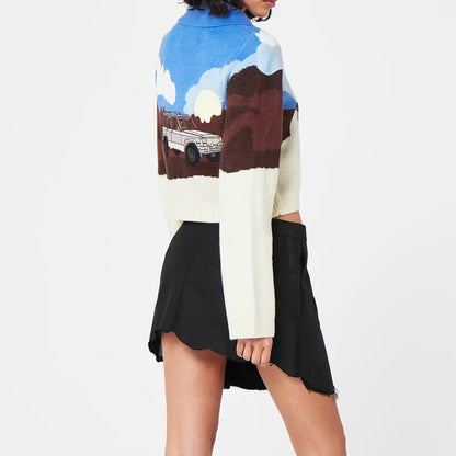 knitwear manufacturer Custom knit sweater Design Harajuku Retro Jacquard Pattern Embroidery Cropped Knit Women Cardigan Sweater