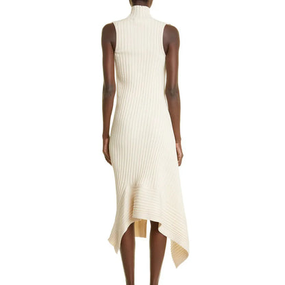 Custom Asymmetric Knit Cotton Dress for Women – Sleeveless Maxi Long Ribbed Knitted Luxury Sweater Dress