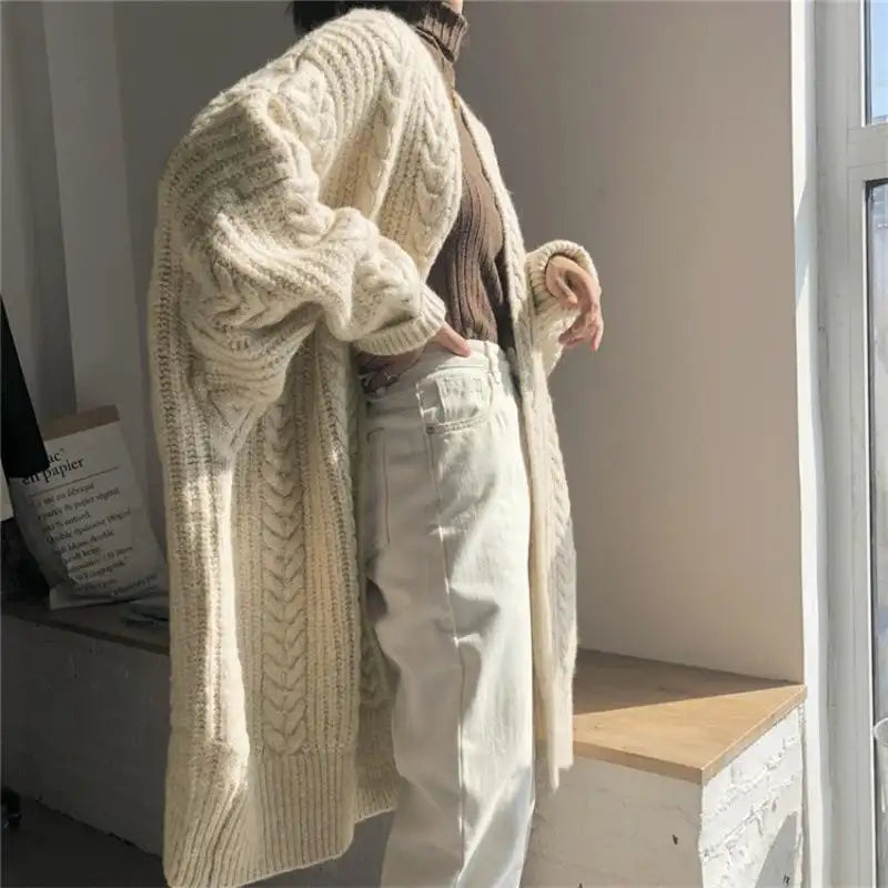 Autumn and Winter Knitted Fashion Simple Loose Twist Maxi Sweater Coat Cardigan for Women