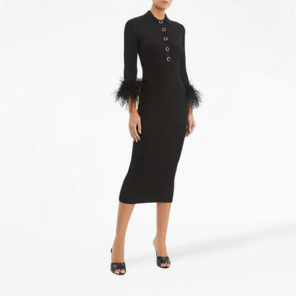 Knitwear Manufacturer Custom Knit Sweater Dress Long Sleeve Feather Midi Ribbed Knit Black Sweater Dress Women Clothing