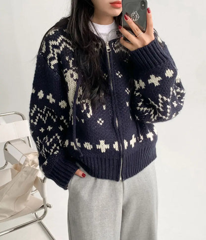 Custom LOGO Christmas pattern Zipper Hoodie Cardigan Women's Knitted Sweater Winter Thick Warm sweater for women