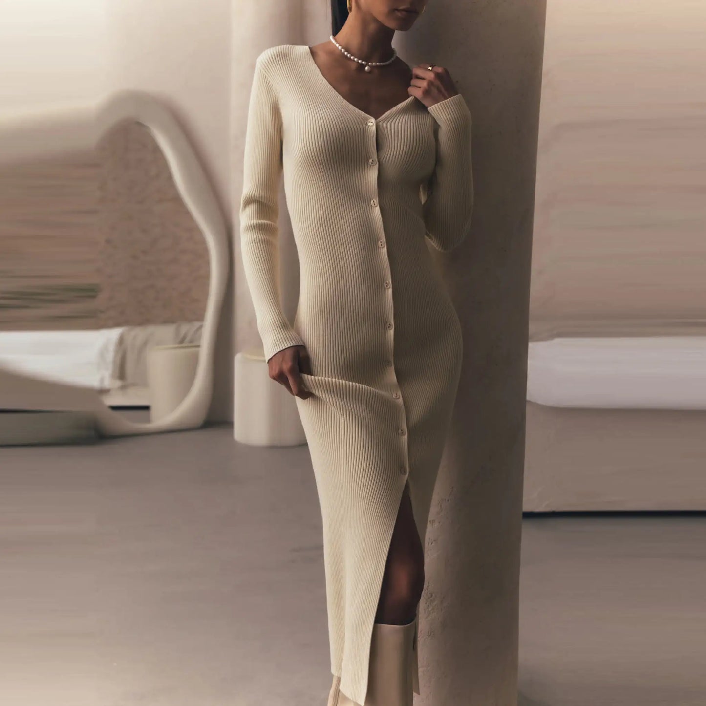 knitwear manufacturer custom knit women long sweater cardigan and dress luxury elegant rib knit maxi sweater dress