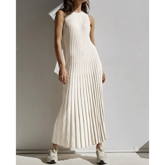 cotton dresses women long maxi summer Casual sleeveless Bodycon ladies solid rib Knit Pleat Maxi girls white sweater dress