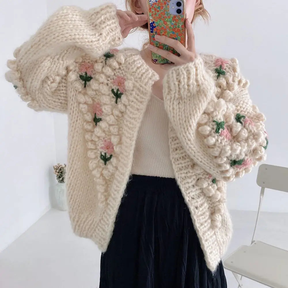 Custom knit women sweater winter plus size handmade Fuzzy Pearl Button knitwear crochet Cardigan sweater women