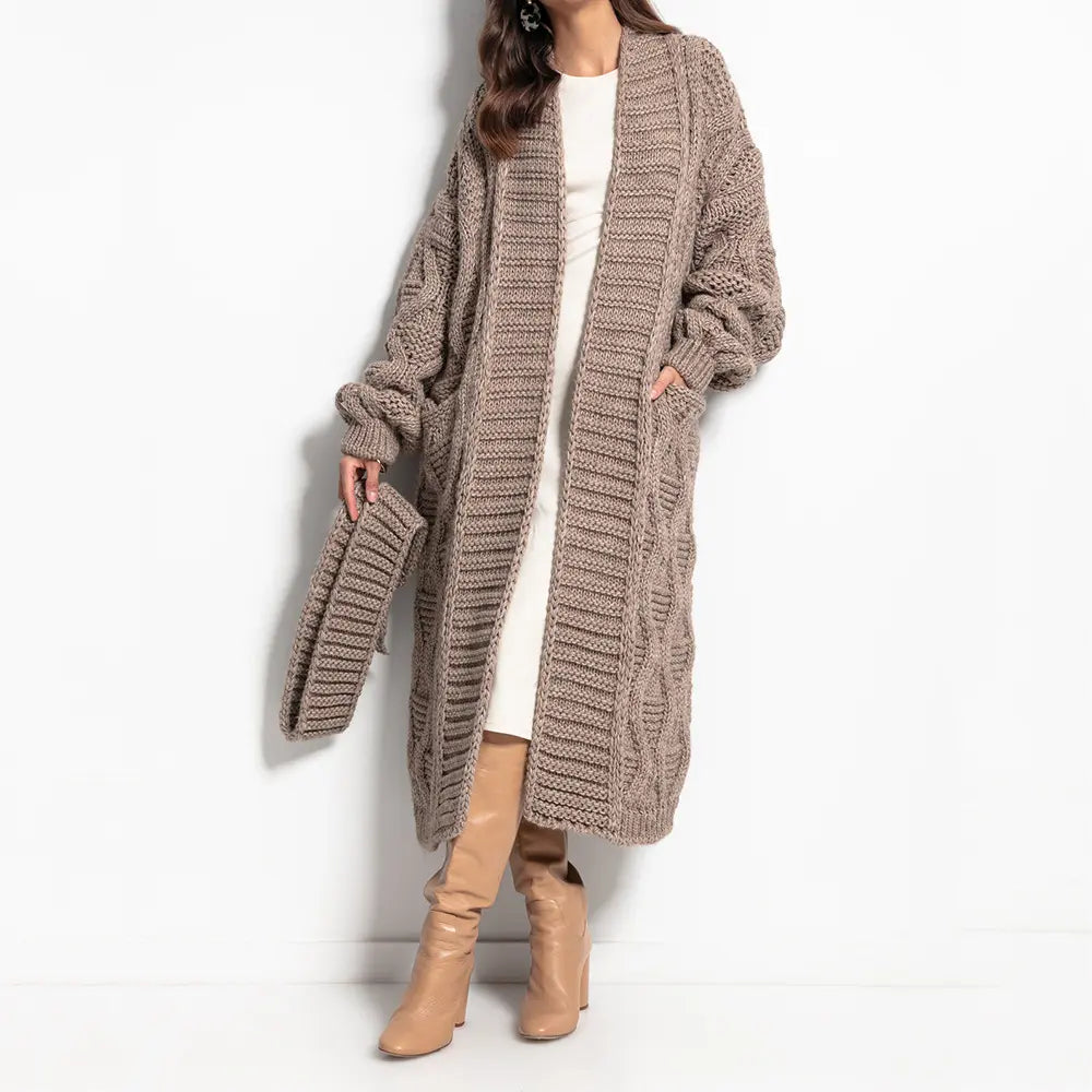 Custom knit cardigan sweater Long Sleeve Alpaca wool Knitted Bandage maxi Long chunky knit Cardigan Sweater Women with belt