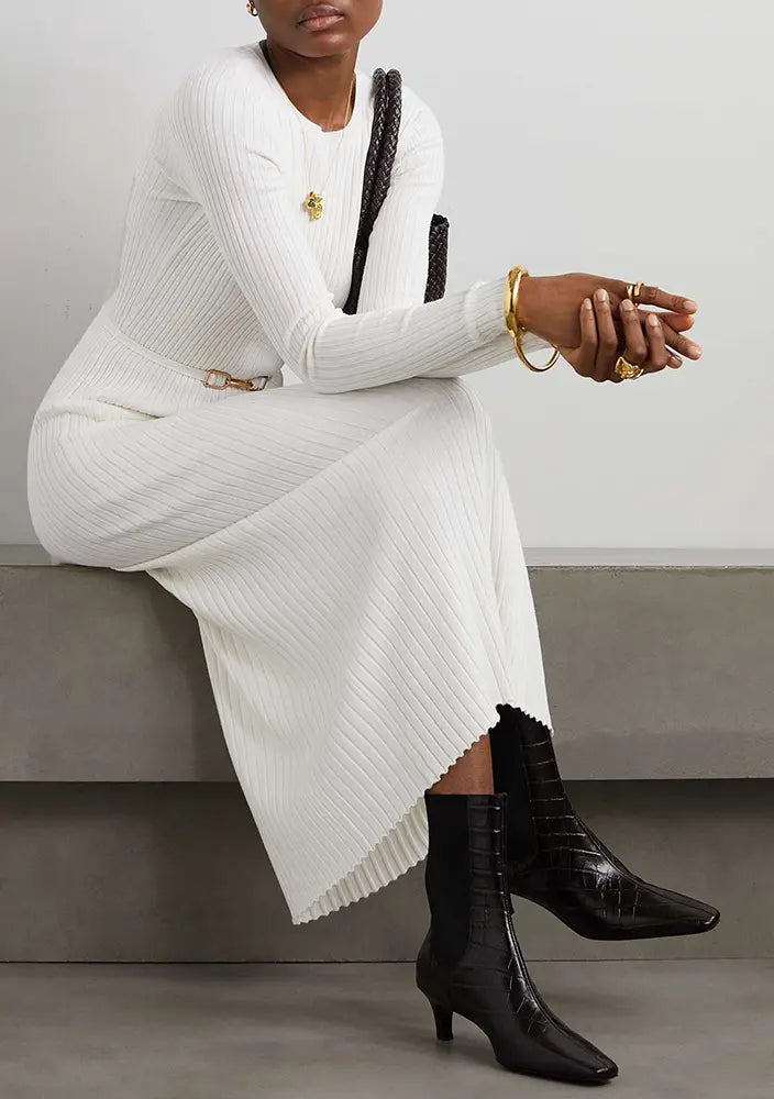 Knitwear Manufacturer Custom Autumn Winter White crew Neck Long Sleeve Ribbed Knit Women Wool Silk Sweater Dress