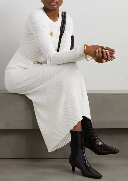 Knitwear Manufacturer Custom Autumn Winter White crew Neck Long Sleeve Ribbed Knit Women Wool Silk Sweater Dress