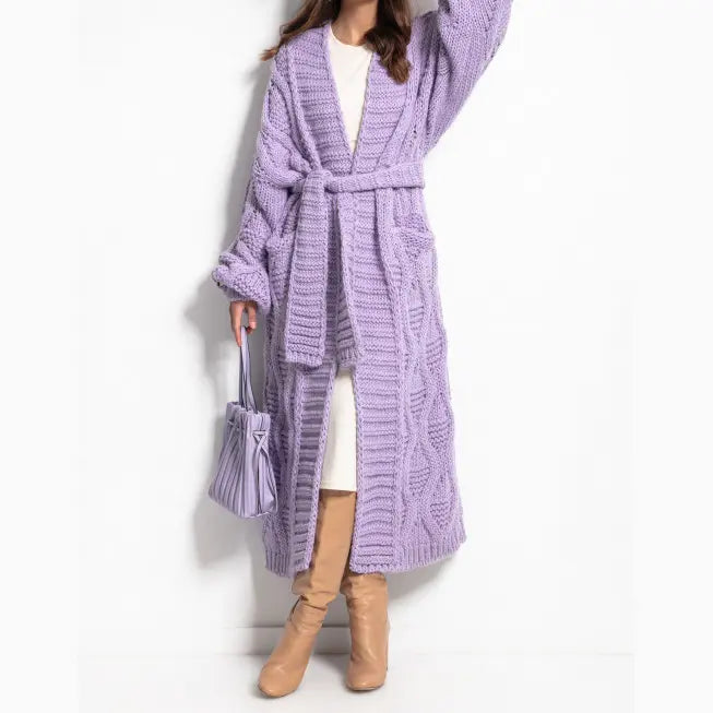 Custom knit cardigan sweater Long Sleeve Alpaca wool Knitted Bandage maxi Long chunky knit Cardigan Sweater Women with belt