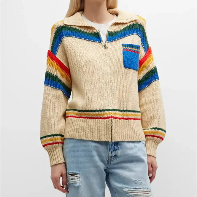 Winter Clothes Custom classic lapel contrast color striped zipper open chest knitted women's cardigans long sleeve girls sweater
