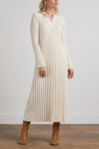 Custom knit sweater dress women polo v neck long sleeve jumper maxi winter women Ribbed knitted sweater dresses plus size