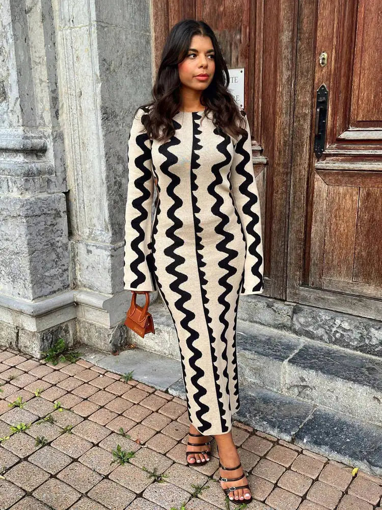 Autumn Party Flared Long Sleeve Sexy Hollow Out Jacquard Knit Maxi Dress for Women