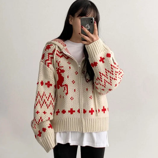 Custom LOGO Christmas pattern Zipper Hoodie Cardigan Women's Knitted Sweater Winter Thick Warm sweater for women