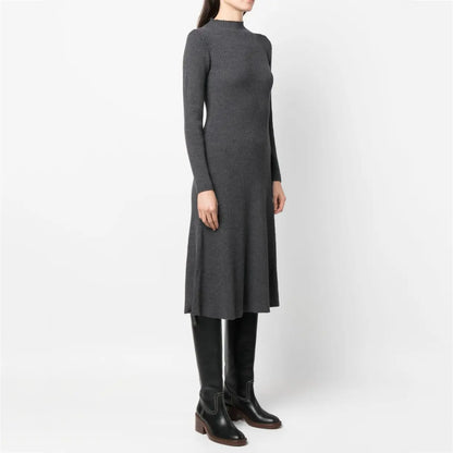knitwear manufacturers custom dark grey rib Knit Dress midi Wool thick Knit Dress mock neck fall sweater dress women clothing