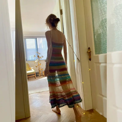knitwear custom knit women summer dress fashion 2024 striped fuzzy casual sleeveless sexy mohair long sweater dresses bodycon