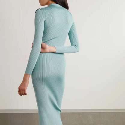 2025 Custom Knit Sweater Dress – Fall & Winter Polo Collar V-neck Long Sleeve Oversized Ribbed Knit Dress for Women