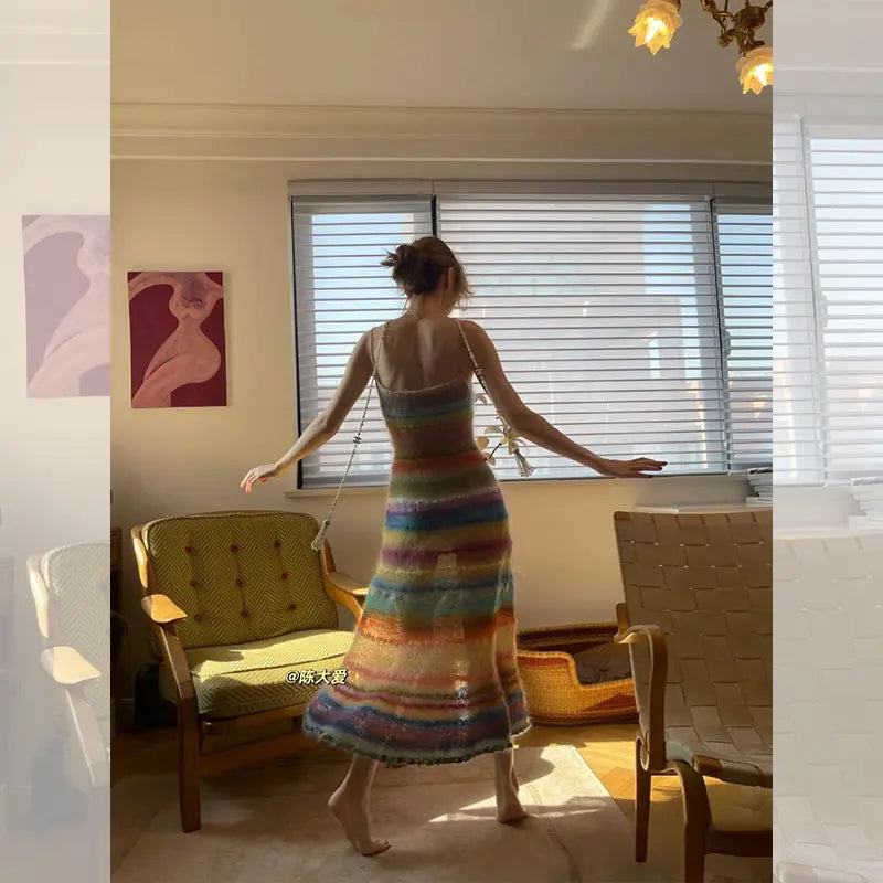knitwear custom knit women summer dress fashion 2024 striped fuzzy casual sleeveless sexy mohair long sweater dresses bodycon