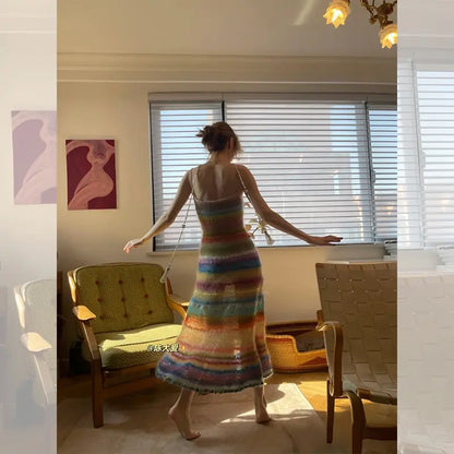 knitwear custom knit women summer dress fashion 2024 striped fuzzy casual sleeveless sexy mohair long sweater dresses bodycon