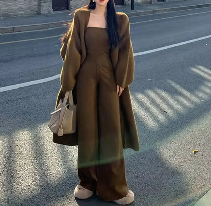 Top Fashion Winter Wool Cashmere Three-piece Set Women's Clothing Formal Tube Pullover Sweater Long Cardigan Loose Pants Sets