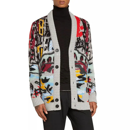 Custom Logo Women Embroidered Pattern Cardigan Mohair Wool Designer Knitted Jacquard Oversized Cardigan Sweater Coat