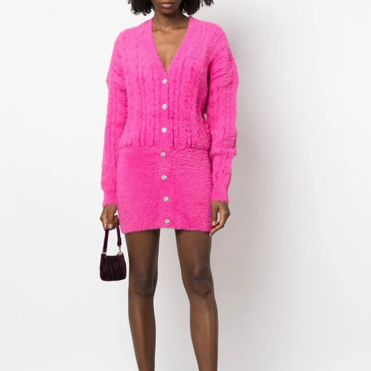 Winter High Quality Custom pink fuzzy sweater dress V Neck Sexy Knitted Long Sleeve Mini Sweater Dress for Women
