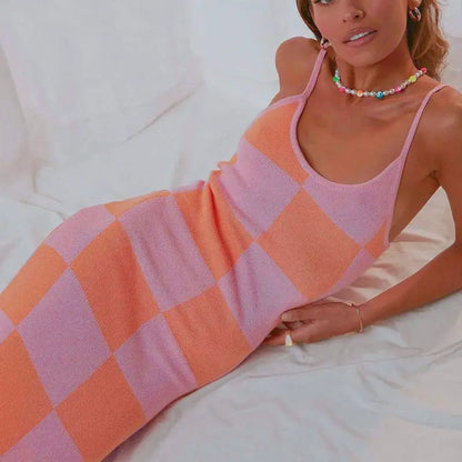 Custom Y2K summer casual checkerboard sweater bodycon dresses sling knitted long maxi dress women clothing