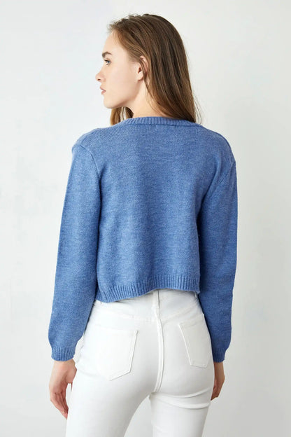 Custom logo oversized knitted embroidery floral cardigan Blue Daisy Button-Up Long Sleeve crop knit Women Cardigan