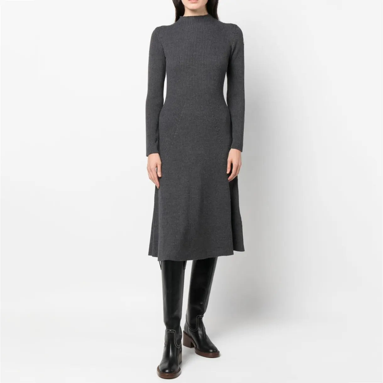 knitwear manufacturers custom dark grey rib Knit Dress midi Wool thick Knit Dress mock neck fall sweater dress women clothing