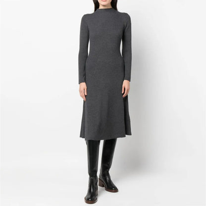 knitwear manufacturers custom dark grey rib Knit Dress midi Wool thick Knit Dress mock neck fall sweater dress women clothing