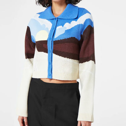 knitwear manufacturer Custom knit sweater Design Harajuku Retro Jacquard Pattern Embroidery Cropped Knit Women Cardigan Sweater