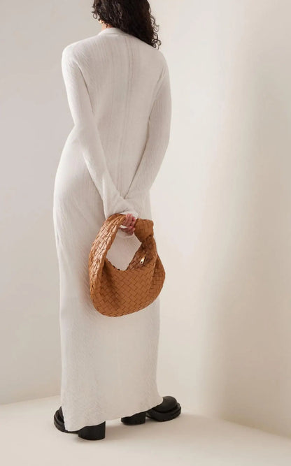 Custom knit dress manufacturer fall winter white turn-down collar long sleeved button maxi knit women's sweater dress