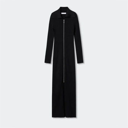 Custom new autumn high-end black rib knit long dress casual lady girls zip up knitted sweater dresses for women