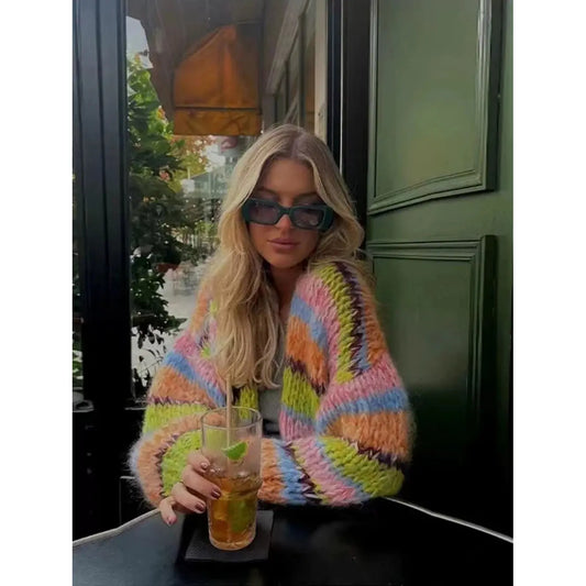 Custom chunky knit oversized striped Cardigan sweater women lady loose knitwear cropped long lantern sleeve cardigan for women