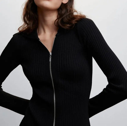 Custom new autumn high-end black rib knit long dress casual lady girls zip up knitted sweater dresses for women