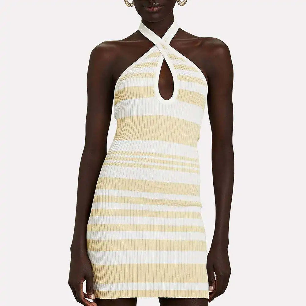 Manufacturer Custom Striped Rib Knit Halter Dress Fashion Lady Summer Girls Casual Womens Dresses Knitting sweater Dresses