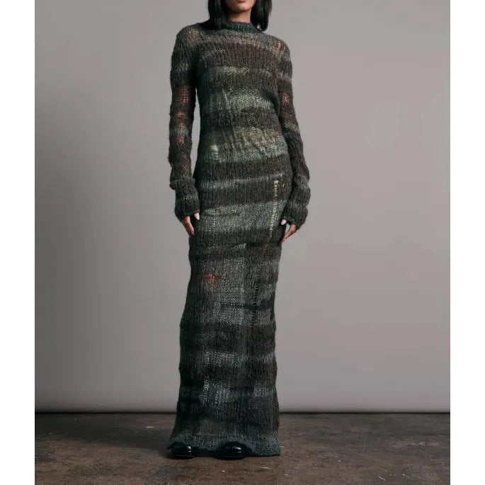 Custom Streetwear Distressed Knit Hollow Out Women Sexy Transparent Crochet Long Maxi Mohair Dresses