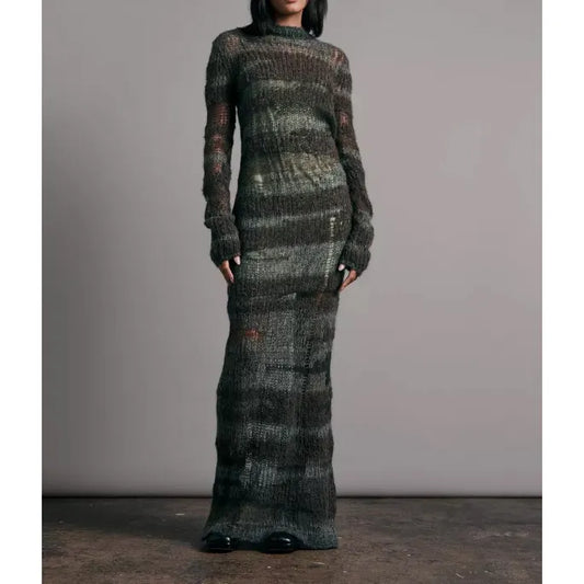 Custom Streetwear Distressed Knit Hollow Out Women Sexy Transparent Crochet Long Maxi Mohair Dresses