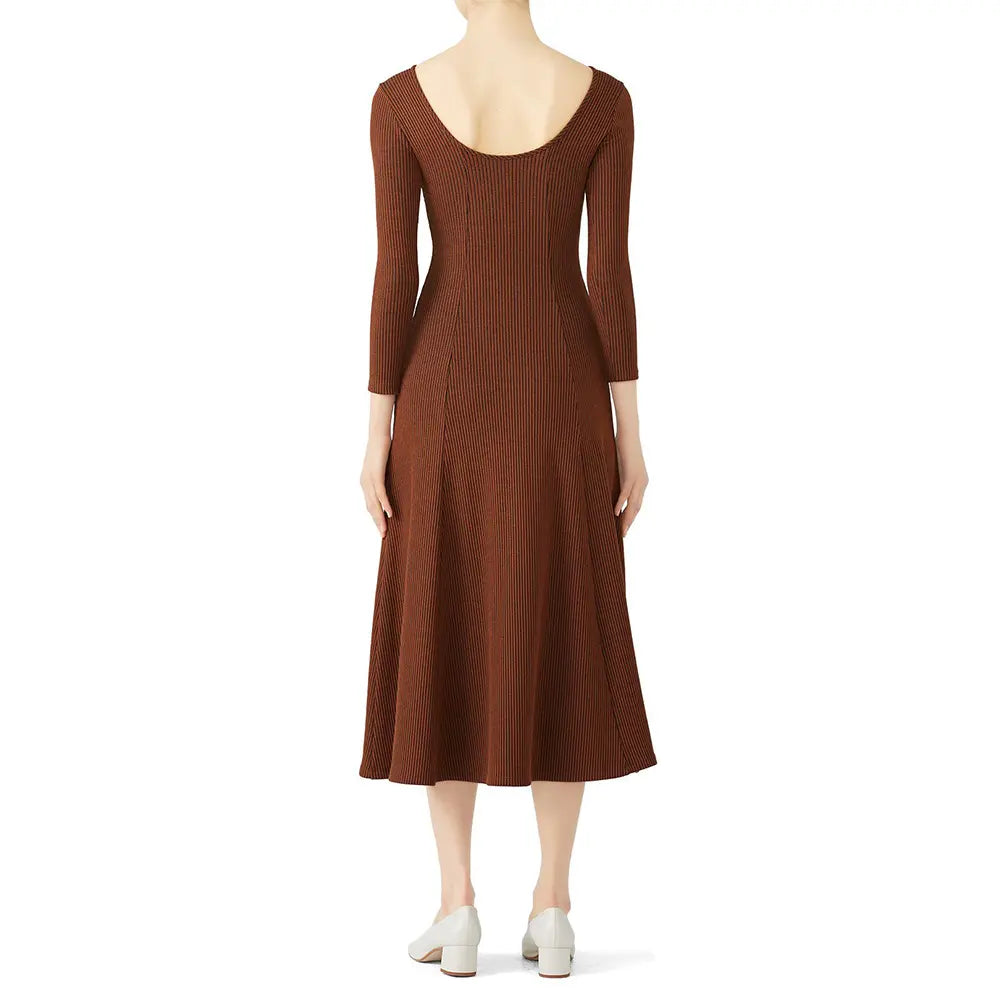 Knitwear manufacturers custom brown round necked long sleeved ribbed knitted luxury women's sweater dress clothing