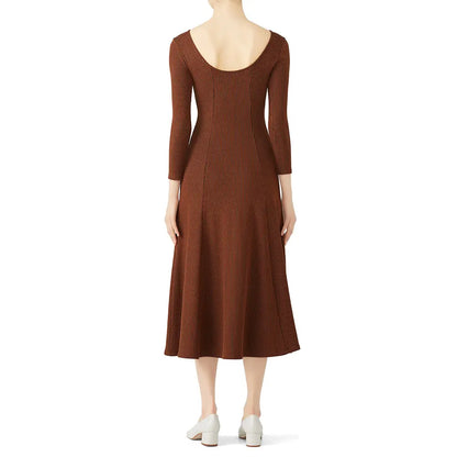 Knitwear manufacturers custom brown round necked long sleeved ribbed knitted luxury women's sweater dress clothing
