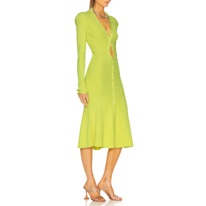 Factory Custom fall yellow v neck long sleeve cutout western dress for female women casual rib knit sweater dress