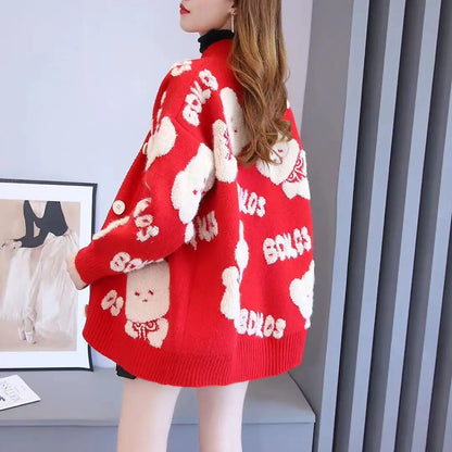 Custom Knit Sweater - Retro Cartoon Jacquard Knitwear, Women's Long Sleeve Cardigan for Winter