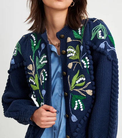 Custom Knit Sweater - Winter Loose Tricot Jacquard Cardigan with Hand Embroidery for Women, Vintage Knitwear