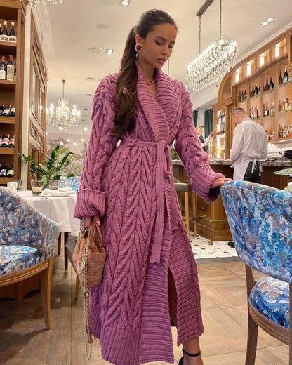Winter Fashion Atmosphere Long Sleeve Loose Chunky Knitted Bandage Plus Size Extra oversized thick Long Cardigan Sweater Women