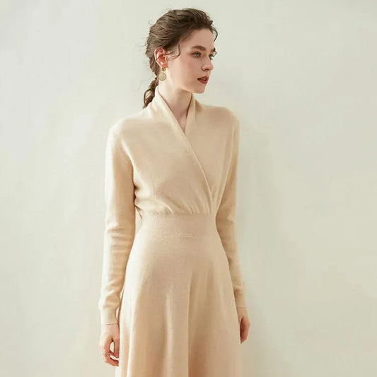 Wholesale Winter Long Sleeve Knit Dress French Style Custom Fall Elegant Casual Long Autumn Women Cashmere Sweater Dresses
