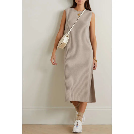 Knitwear Manufacturer Custom crewneck sweater dress Sleeveless elegant Women cashmere wool custom ribbed knit sweater dresses