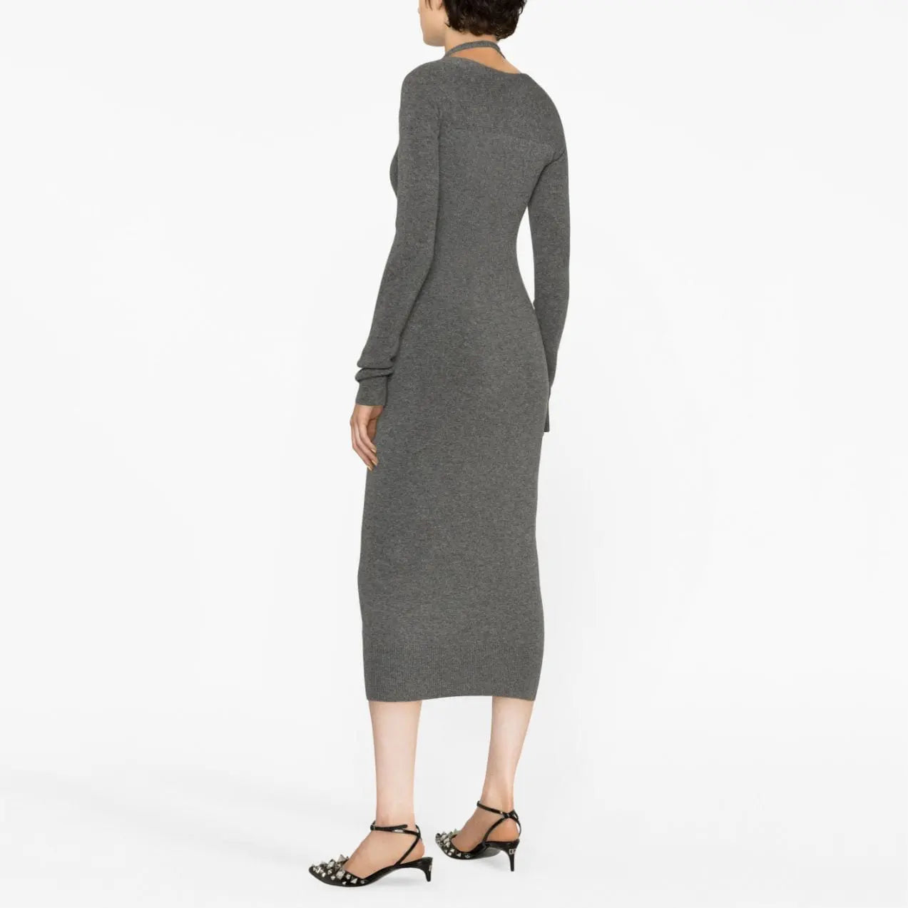 Knitwear manufacturer custom dark grey Rib Knit Dress midi Knit cut-out Dress long sweater dress women clothing