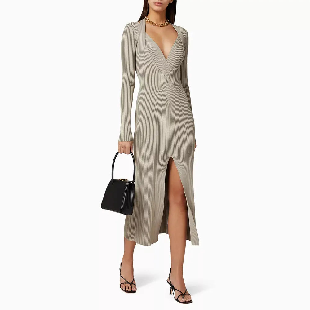 Custom Unique Formal Sexy Knitting Slim Cable Ribbed Deep V Neck Halter Split Women Knit Sweater Dress