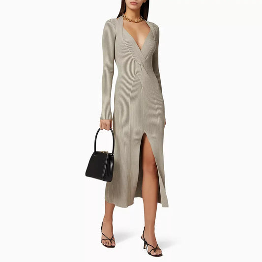 Custom Unique Formal Sexy Knitting Slim Cable Ribbed Deep V Neck Halter Split Women Knit Sweater Dress