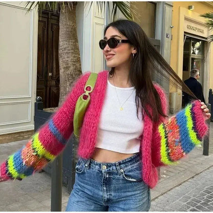 Custom chunky knit oversized Cardigan sweater women lady loose knitwear cropped long lantern sleeve cardigan for women