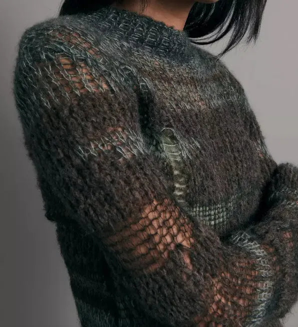 Custom Streetwear Distressed Knit Hollow Out Women Sexy Transparent Crochet Long Maxi Mohair Dresses