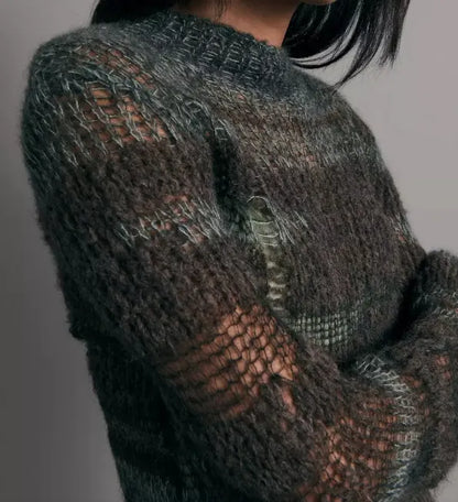 Custom Streetwear Distressed Knit Hollow Out Women Sexy Transparent Crochet Long Maxi Mohair Dresses